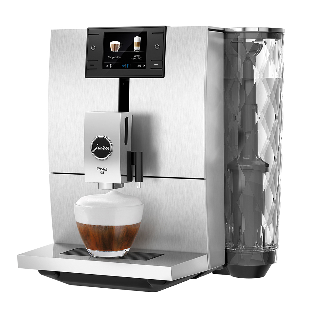 Espressor automat Jura ENA8, 15 bari, 1.1 l, 125g, rasnita AromaG3, 10 specialitati One Touch, afisaj color, Massive Aluminium+ cafea cadou