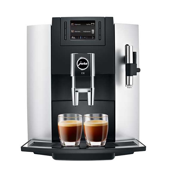 Espressor automat Jura E8, 15 bari, 1.9 l, 280g, 15 specialitati One Touch, rasnita AromaG3, afisaj, Platinum+ cadou cafea